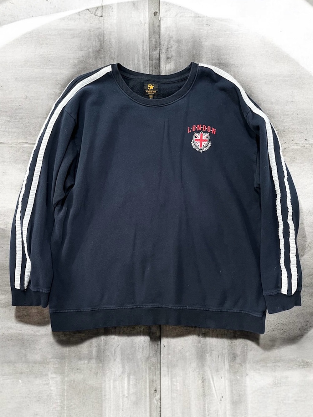 Five Star Navy London Crewneck Sweatshirt with White Stripes on Sleeves